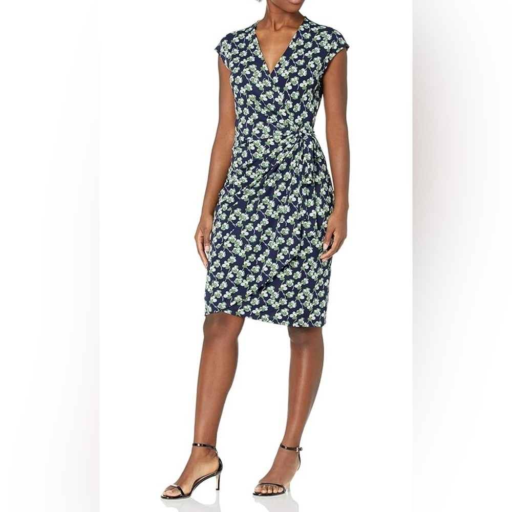 NWT Lark & Ro Womens Cap Sleeve Wrap Floral Navy & Green Dress Size L